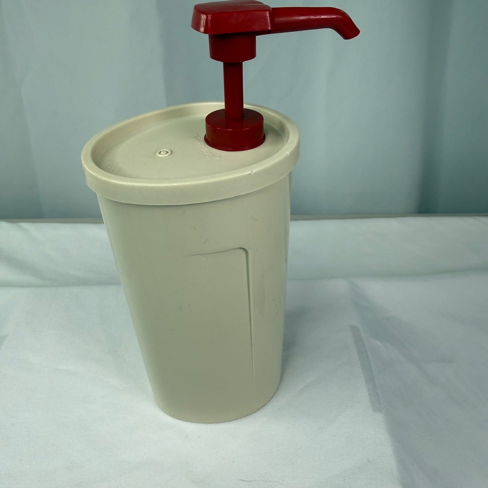 Vintage Tupperware Almond Condiment Dispenser Red ketchup 640-22 Made in USA